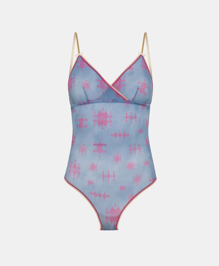 Momoni Tore Bedrukte Nylon Bodysuit - Bluette/Fuchsia