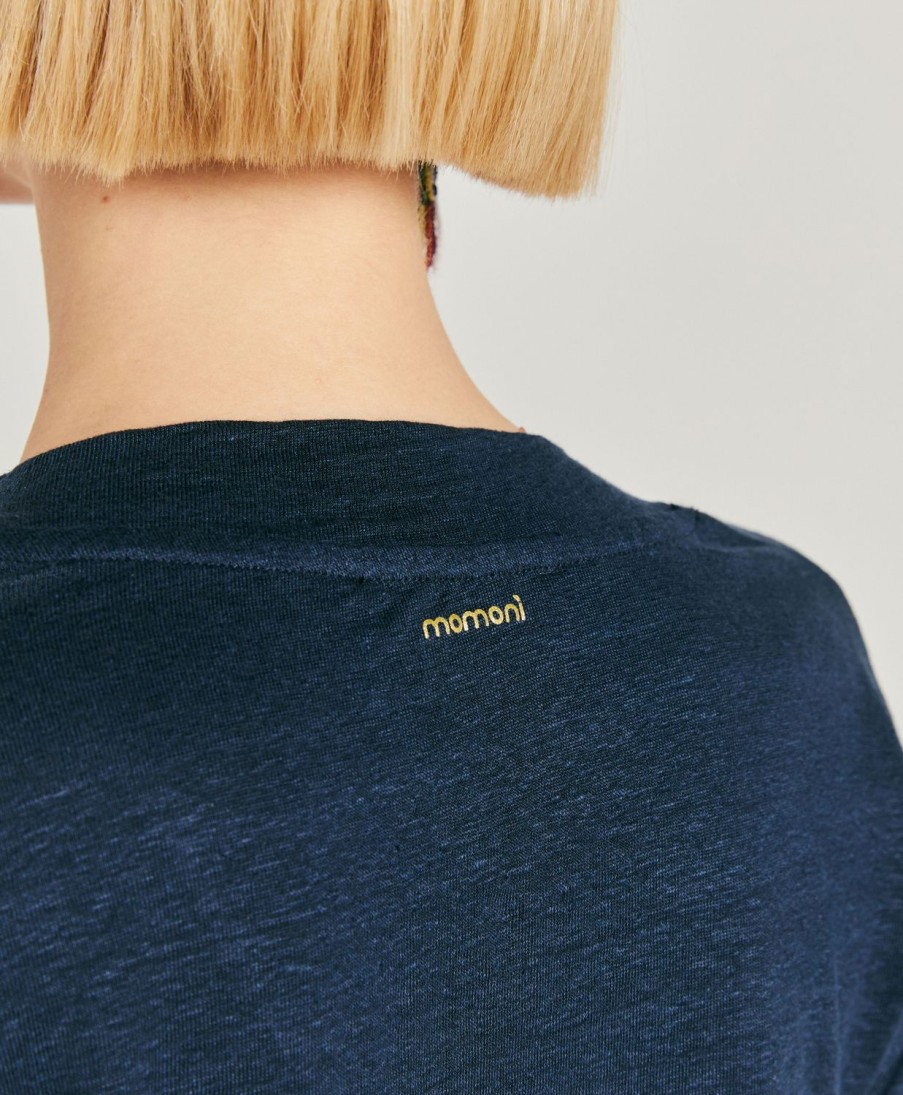 Momoni Nancy T-Shirt In Jersey Linnen - Middernachtblauw