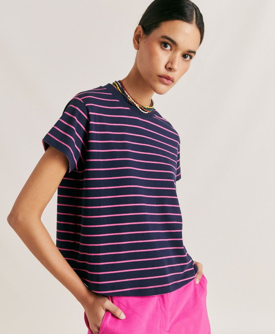 Momoni Lottie Gestreept Jersey T-Shirt - Fuchsia/Blauw