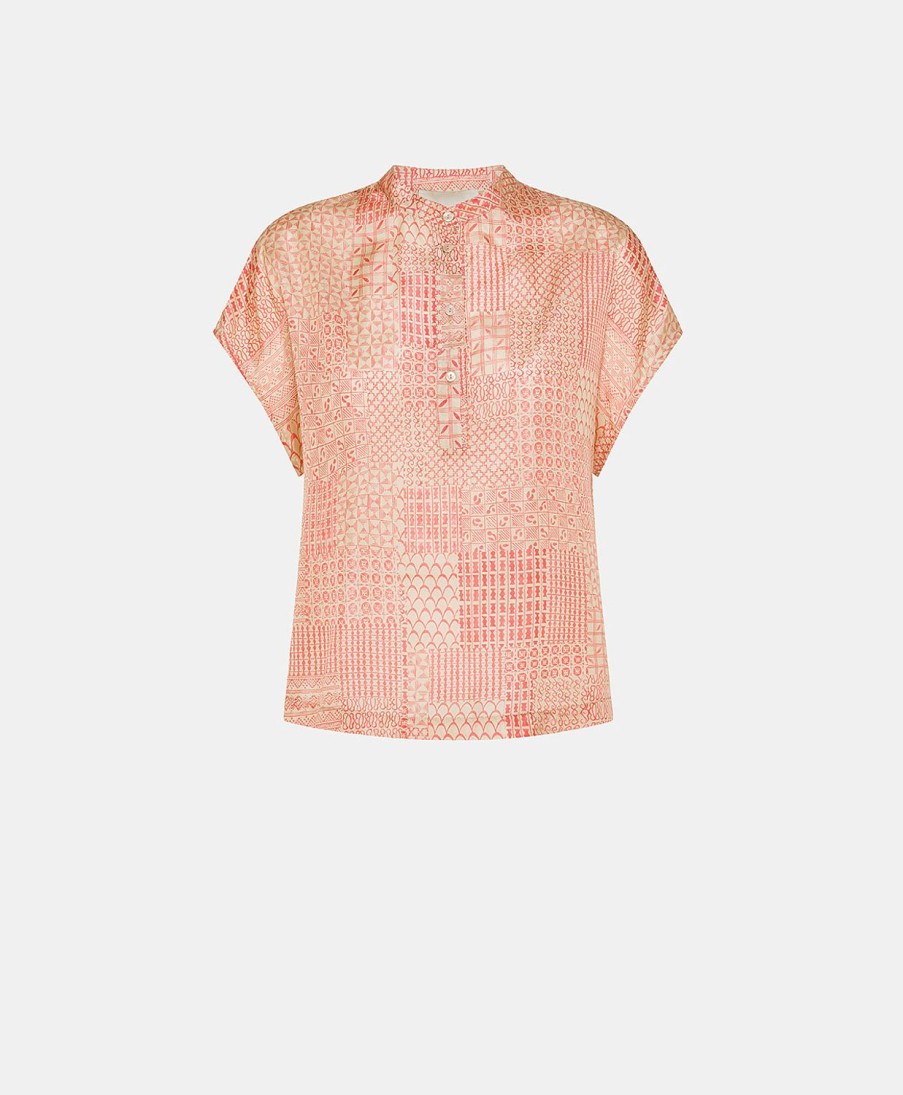 Momoni Paso Blouse In Zijden Haboutai - Creme/Koraal