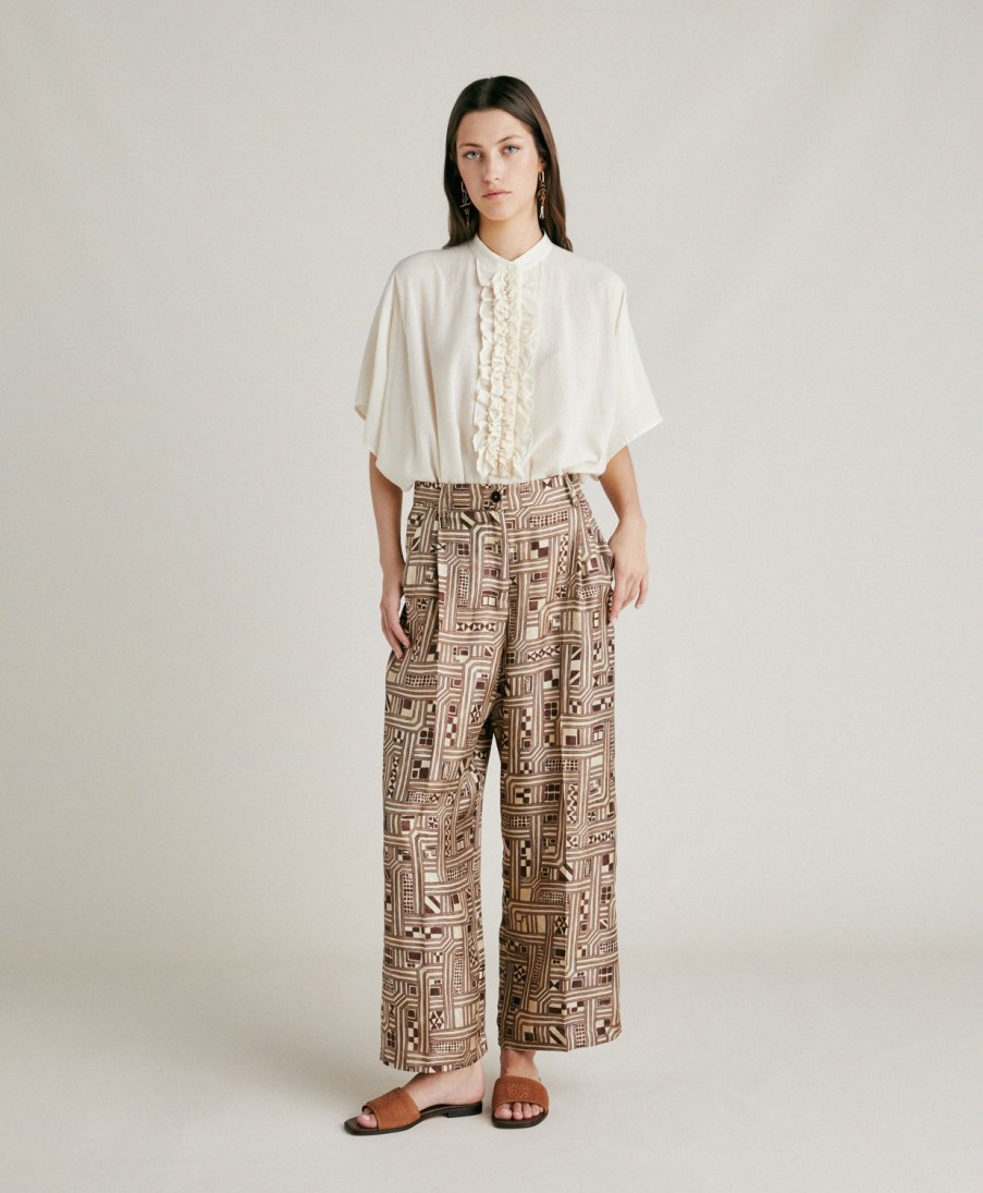 Momoni Magnisi Zijden Twill Broek - Beige/Tabak